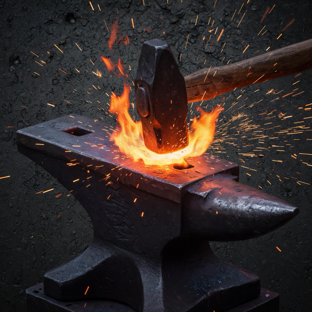 A hammer striking glowing metal on an anvil