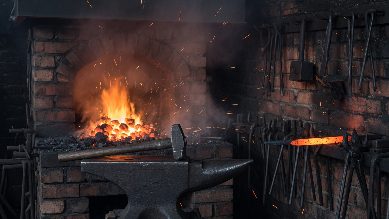 A blacksmith's forge with an anvil, hammer, and glowing fire